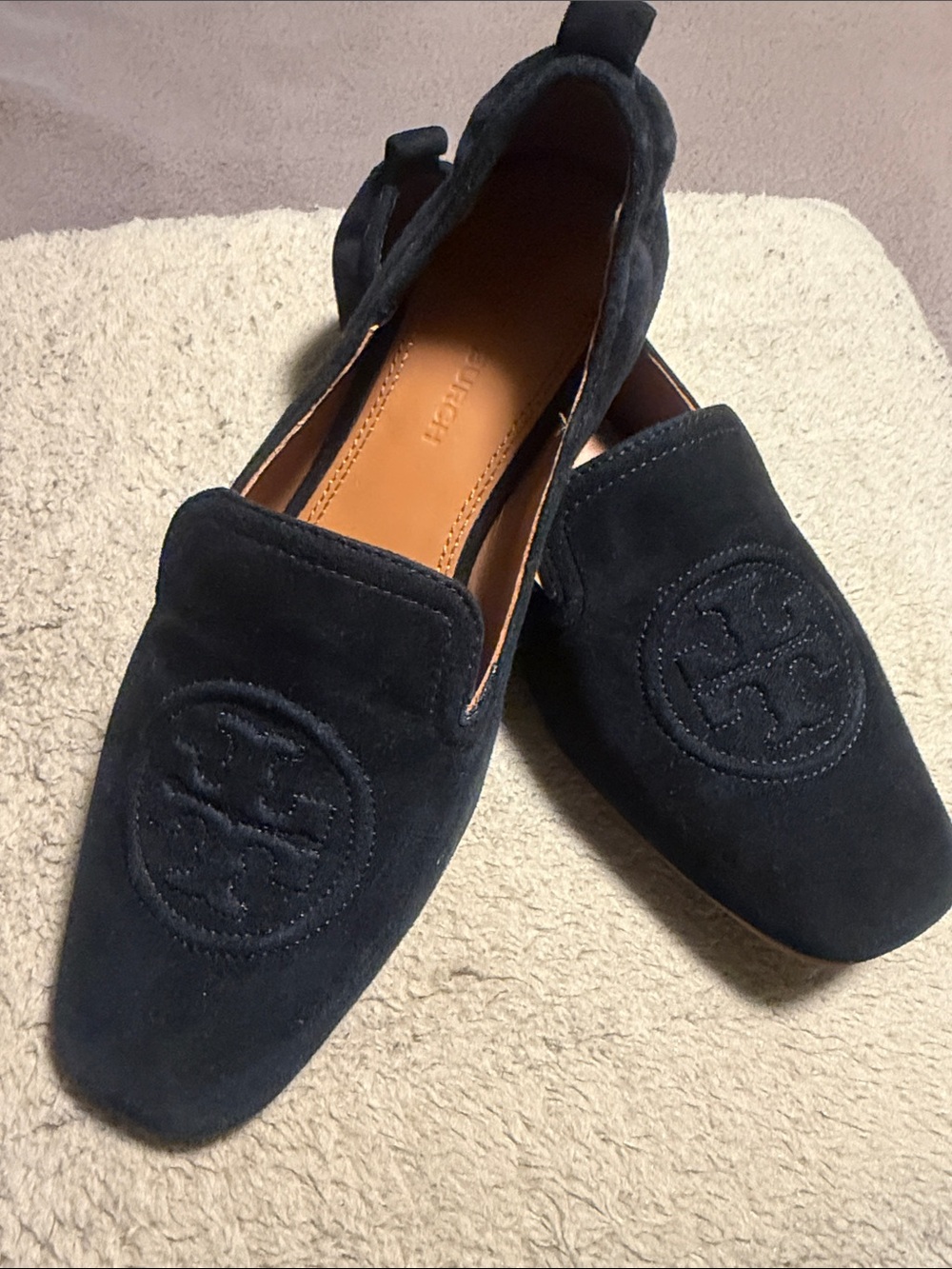 Tory Burch women's Dark Navy Suede Logo Slip-Ons